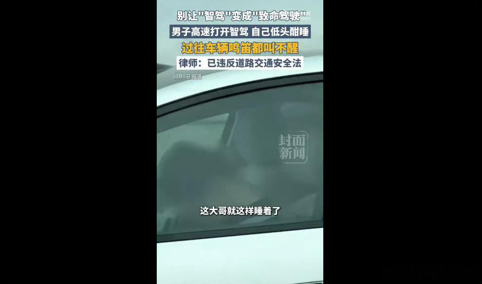 高速开智驾睡觉男子处罚结果这样开车太吓人了，实在不行，去服务区休闲一下，开智驾也