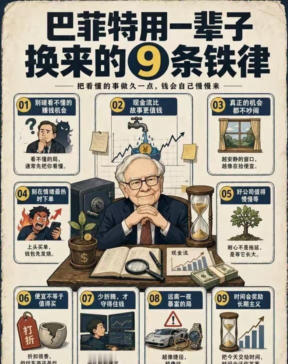 巴菲特用一辈子换来的9条铁律很多人亏钱，不是因为不努力，而是太容易被“机会”带着
