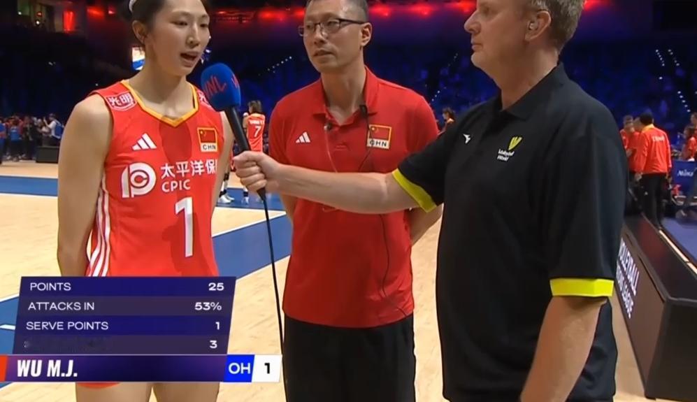 袁灵犀的翻译，不管你说多久，我一句话搞定。
中国女排在世联赛的采访，一般是请助理