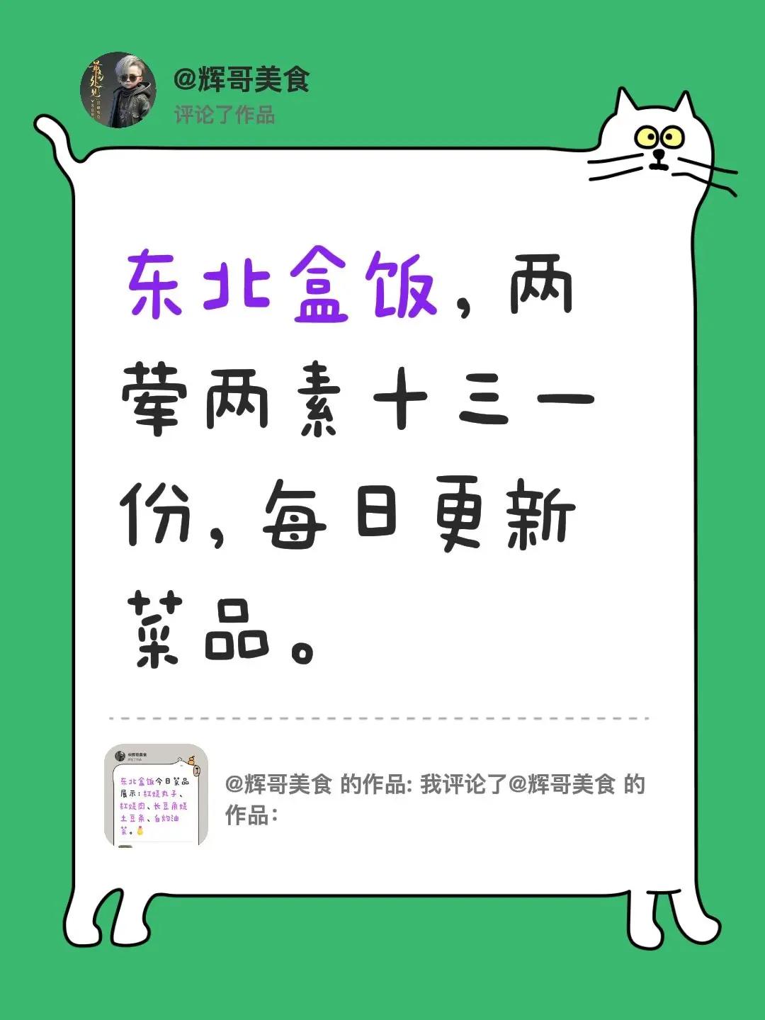 我评论了@辉哥美食 的作品：东北盒饭，两荤两素十三一份，每日更新菜品。