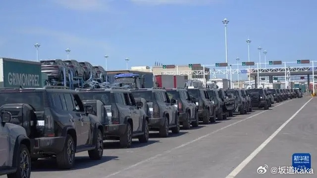 霍尔果斯公路口岸，排着队等着出关的出口汽车。这些出去的车，车价一般都翻了1.5~