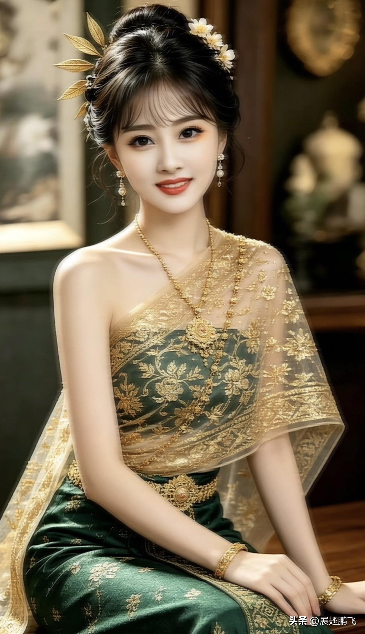 优雅古典的东方美人，金翠华服，气质非凡。雍容大方的美女 东方气质美人 古典温婉美