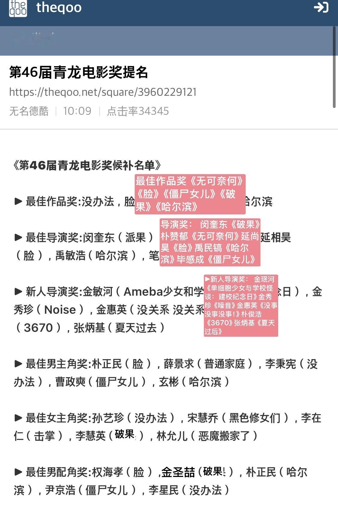 【热帖】第46届青龙电影奖提名评论（400+节选 完整机翻）：看来上映的作品数量