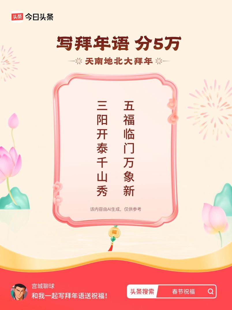 写拜年语送祝福新春拜年送祝福！我的祝福是：“三阳开泰千山秀，五福临门万象新”！快
