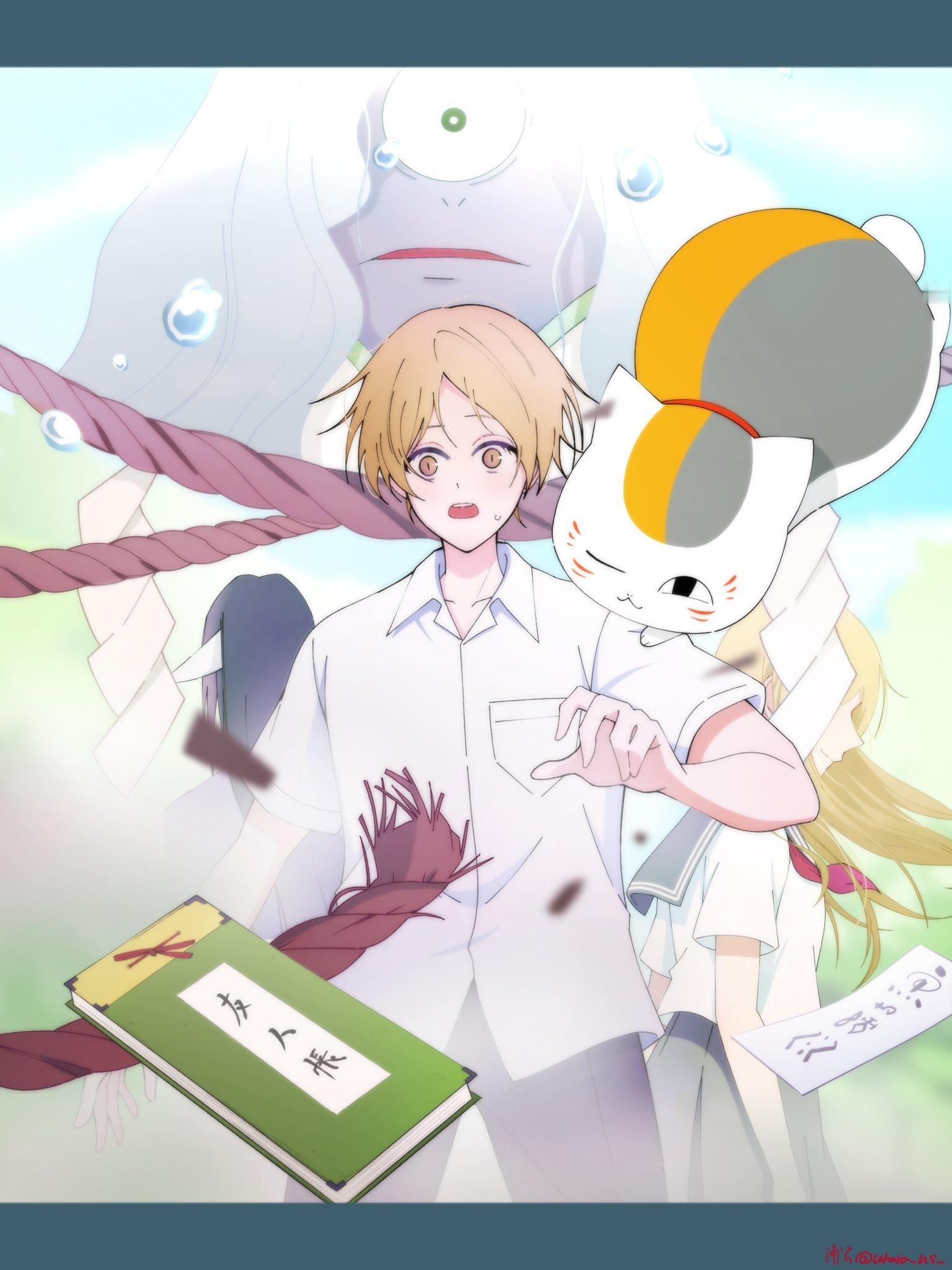 夏目友人帐动漫 猫和夏目贵志还有友人帐好温暖的画面.[哇]绘：urara_ns_