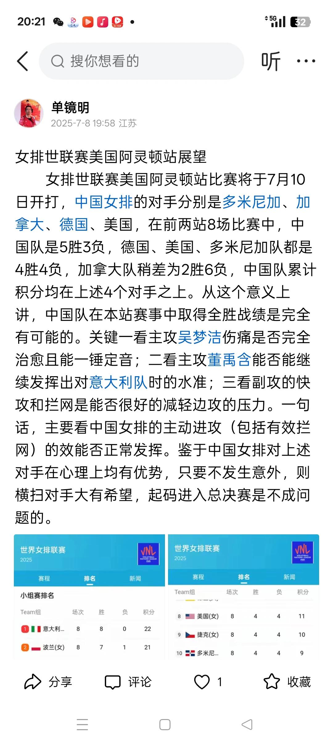 以下就是我对中国女排世联赛美国站比赛的赛前展望，从已进行的首场比赛看，我们展望及