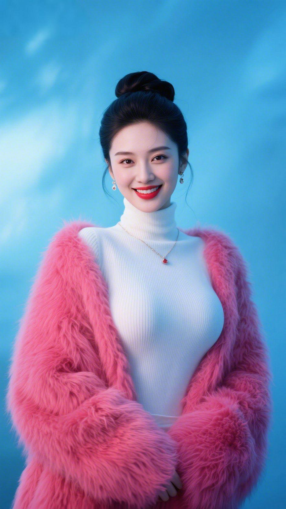 粉绒蓝境笑嫣然
 
清透澄澈的蓝调背景，晕开柔润朦胧的光影。软糯的粉绒外套搭配简