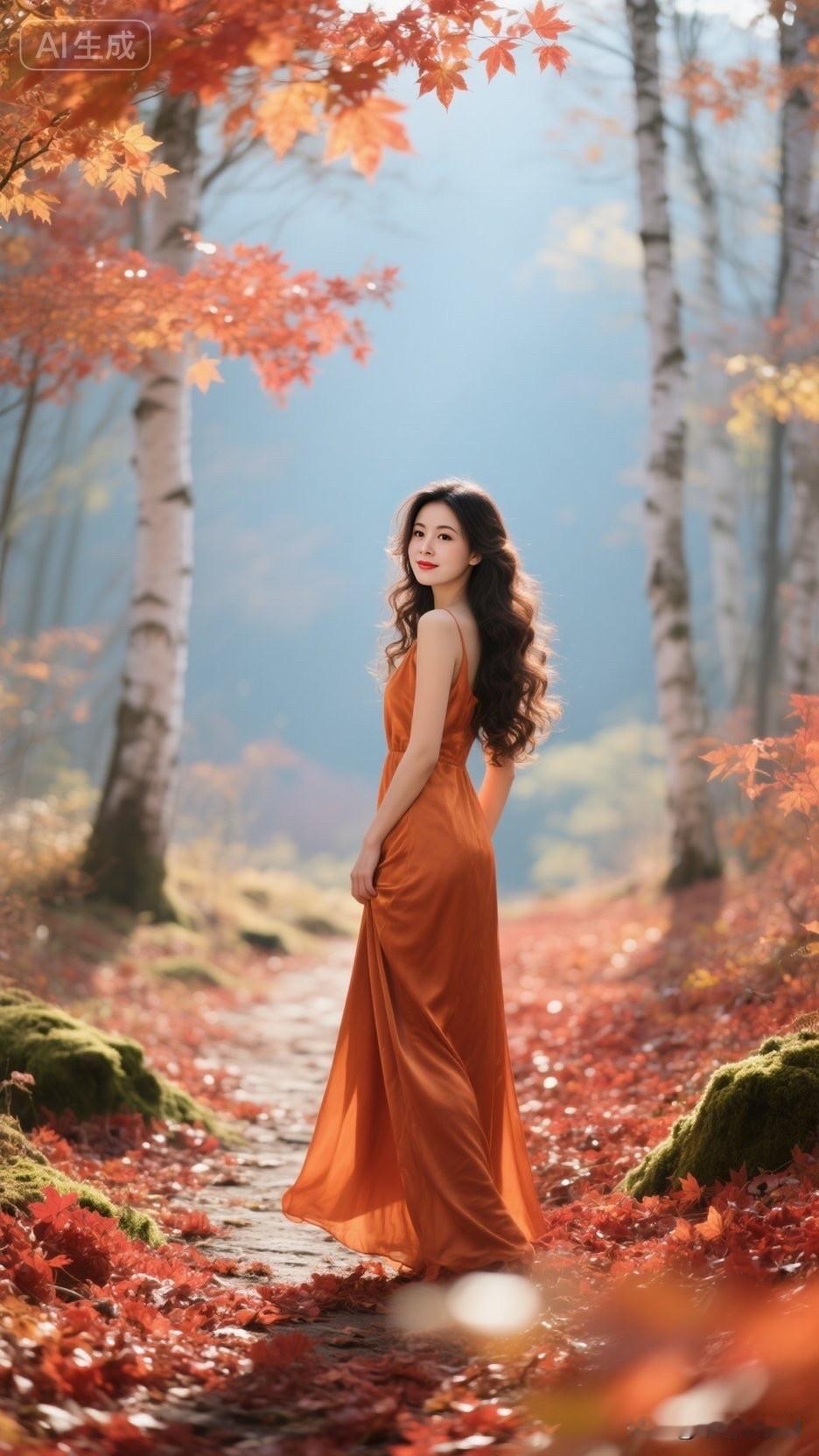 一个穿橙色长裙的女孩在秋天的森林里。