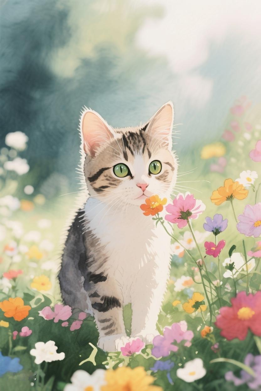 AI随心绘彩色花海间，那只小猫眼神灵动，似在探寻，生活也应如它这般与美好不期而遇