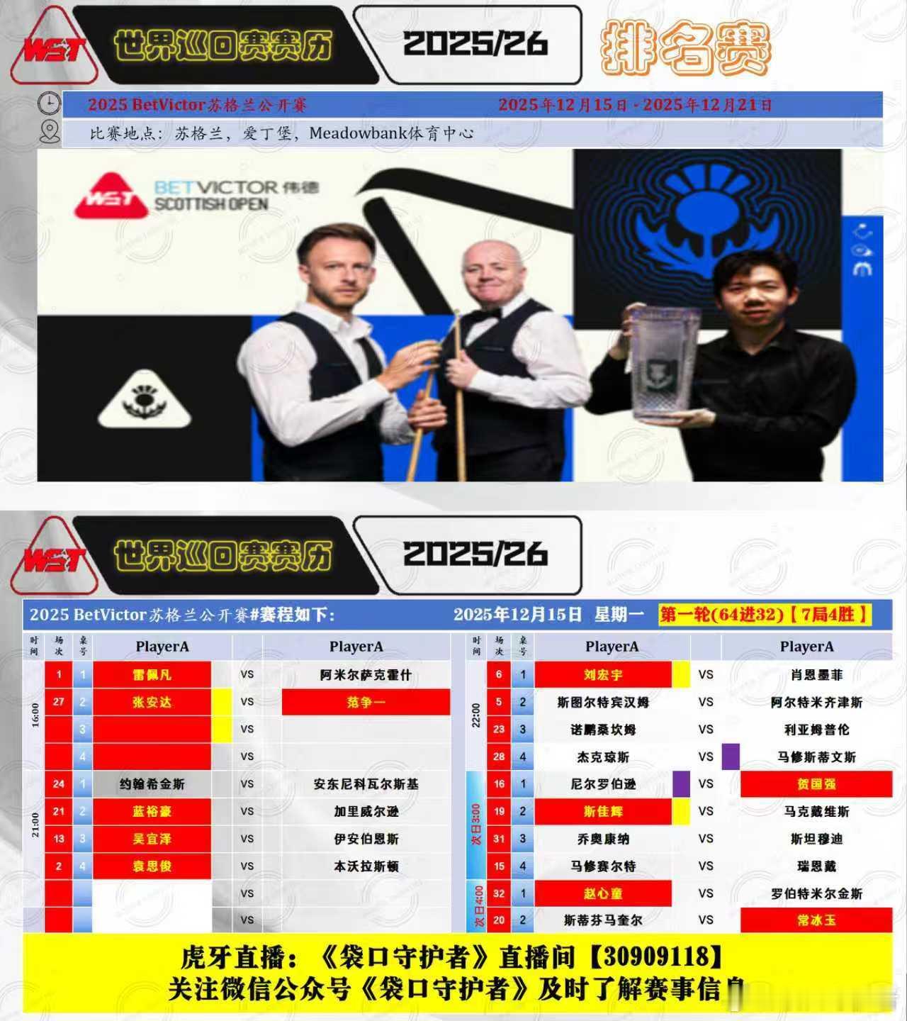 2025苏格兰公开赛今日开战中国选手雷佩凡、袁思俊、刘宏宇、周跃龙、肖国栋、江俊