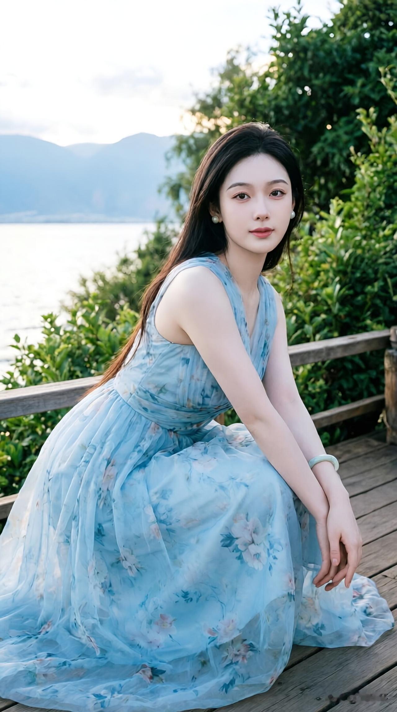 在湖边穿条碎花裙拍照，风一吹整个人都飘起来了！那天我选了浅蓝碎花裙，坐在木栈道上