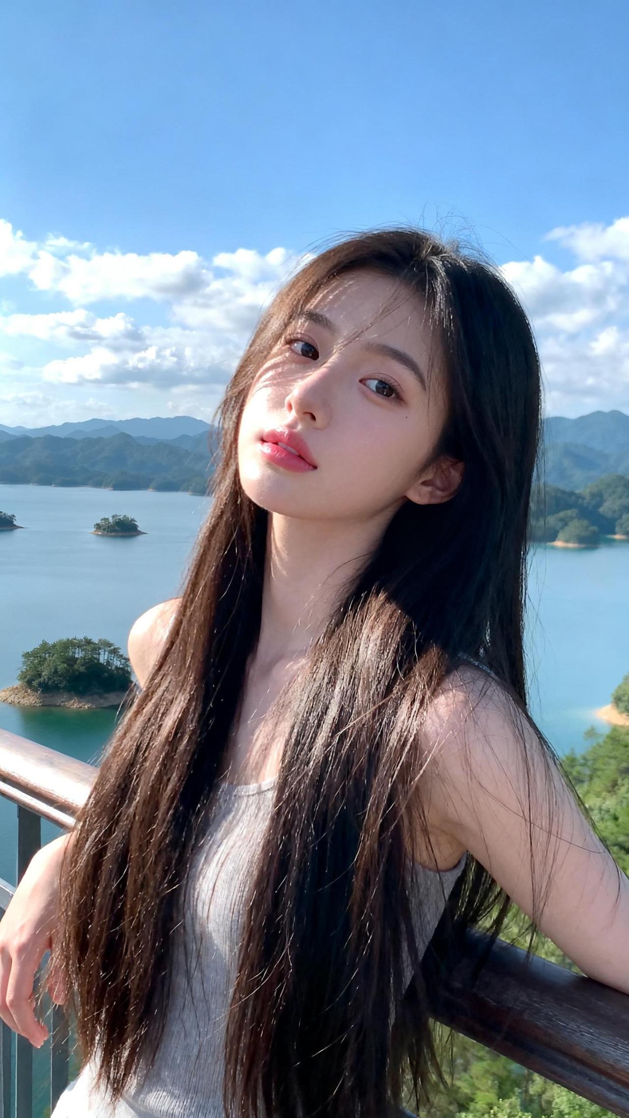 阳光下的少女，倚栏眺望碧波万顷