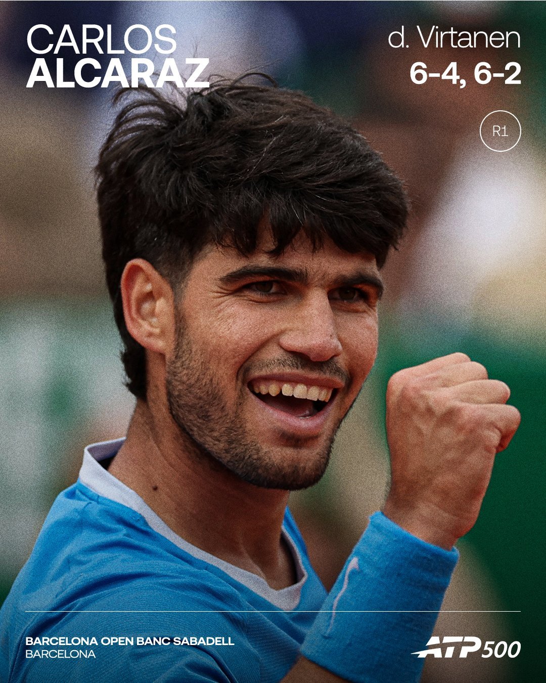 阿尔卡拉斯巴塞罗那赛开门红 ATP巴塞罗那站男单首轮，从蒙特卡洛马不停蹄赶来参赛
