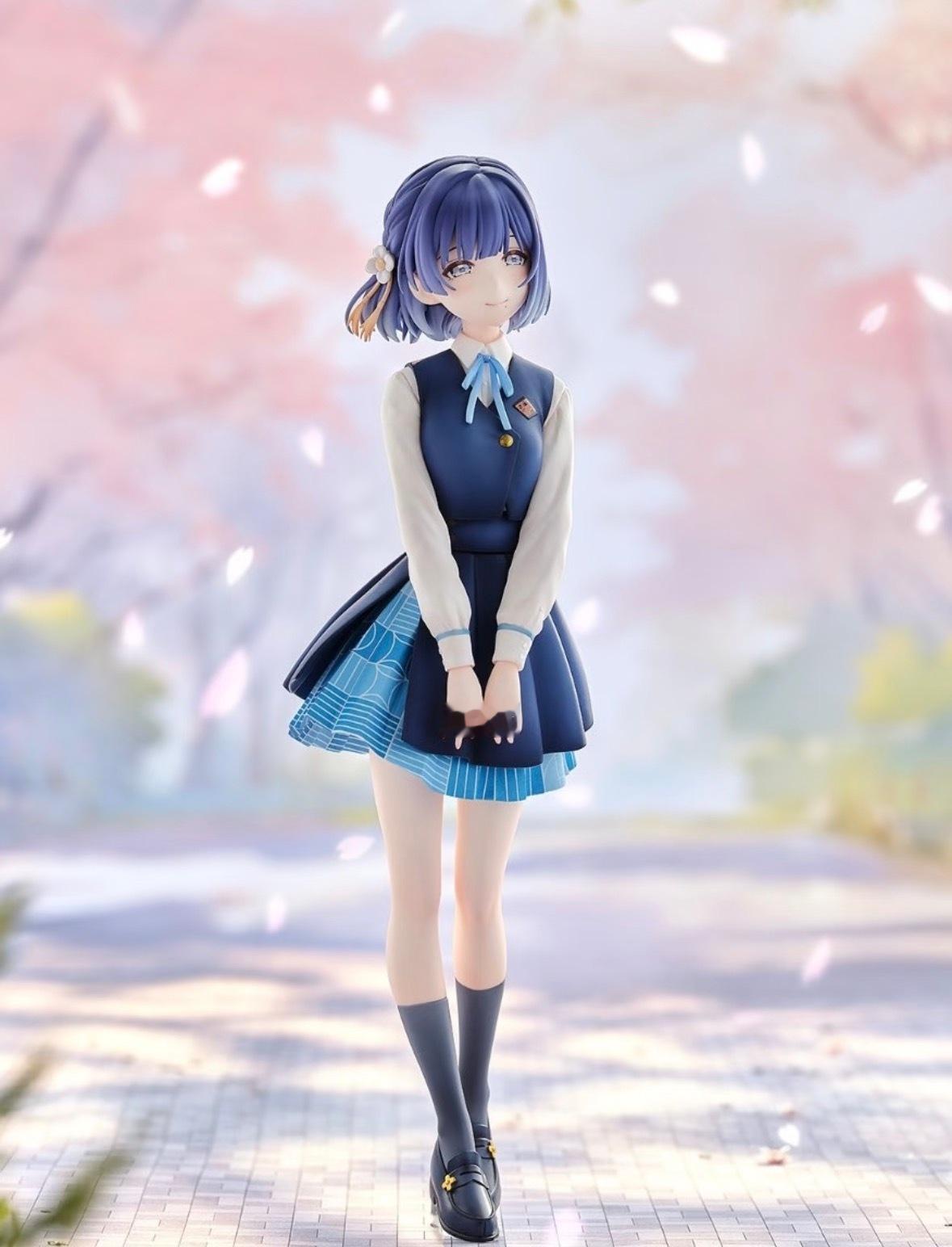 《学园偶像大师》秦谷美铃 制服手办白衬衫 + 藏青背心 + 百褶裙，搭配蓝色丝带