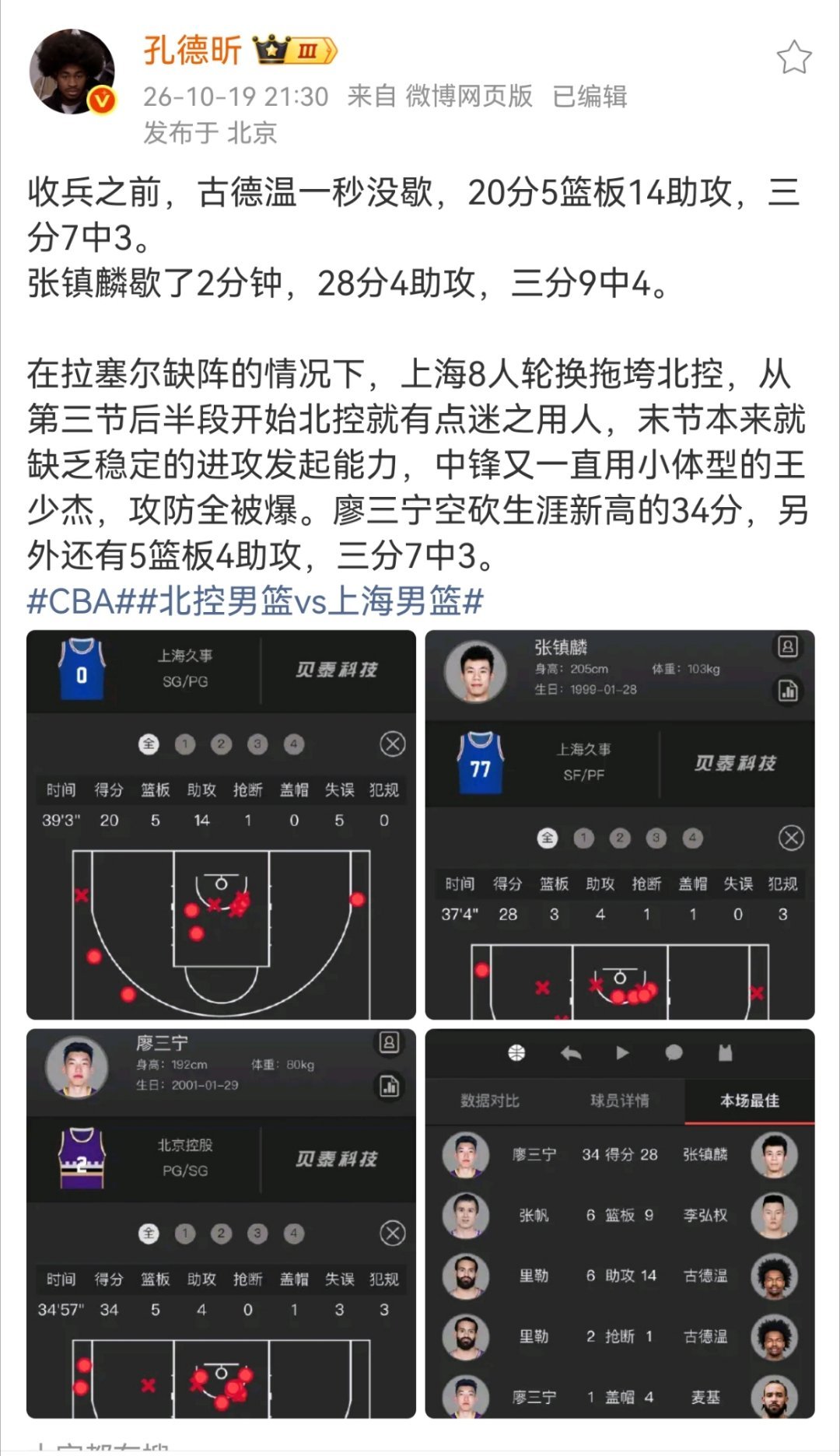 孔德昕谈上海男篮战胜北控男篮收兵之前，古德温一秒没歇，20分5篮板14助攻，三分