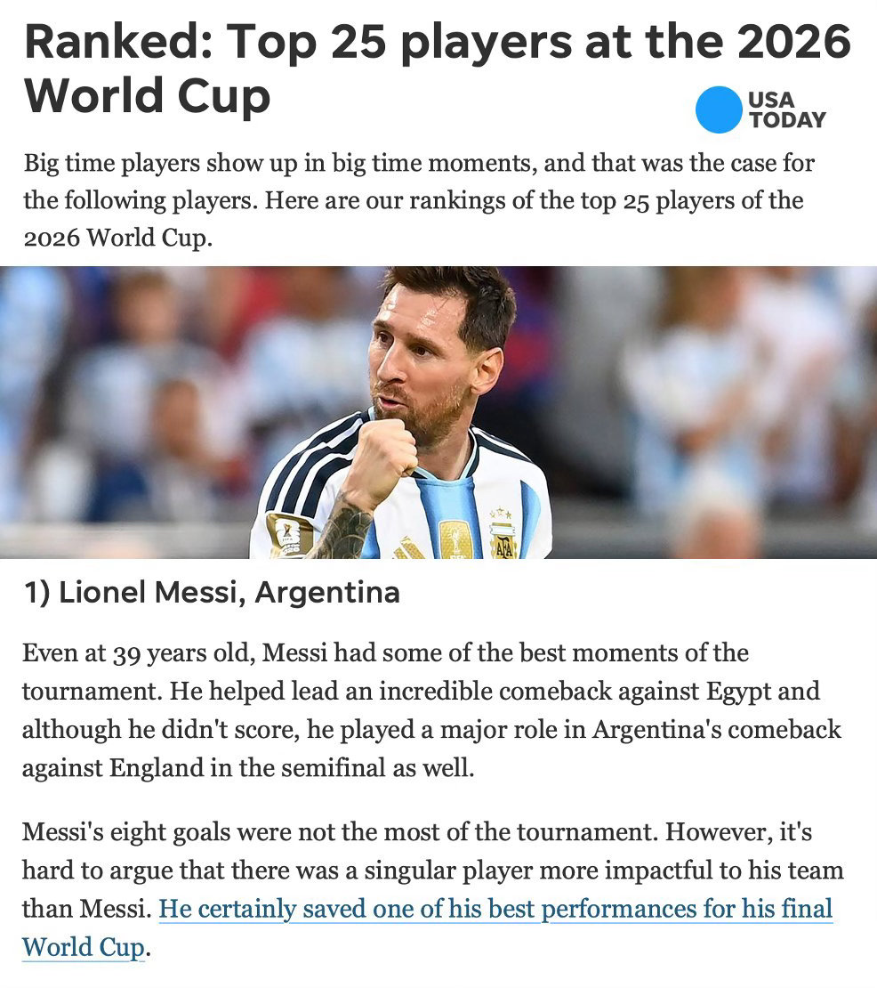 🔛🚨梅西被YahooSports评选为2026年世界杯最佳球员！！！！1. 