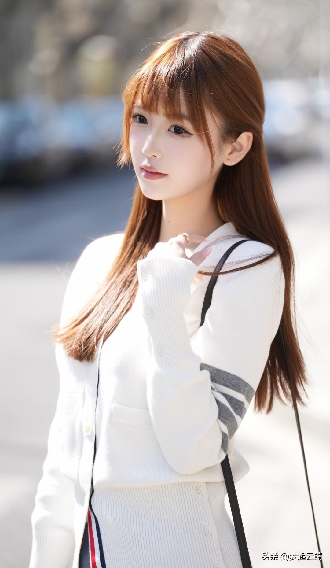 温柔甜美的春日穿搭，白色毛衣搭配短裙，清新自然。