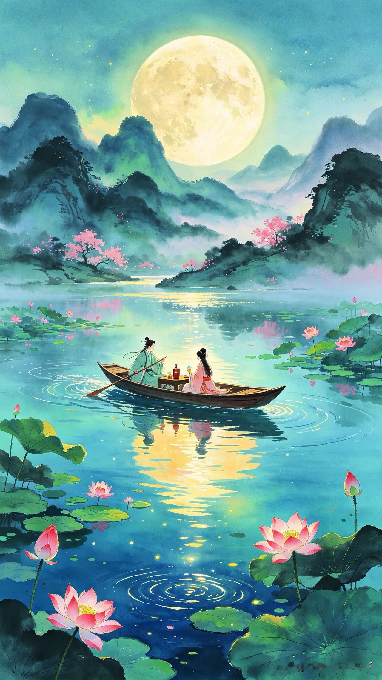 碧水中央棹影过，
轻舟载酒唱莲歌。
多情最是波心月，
         
………