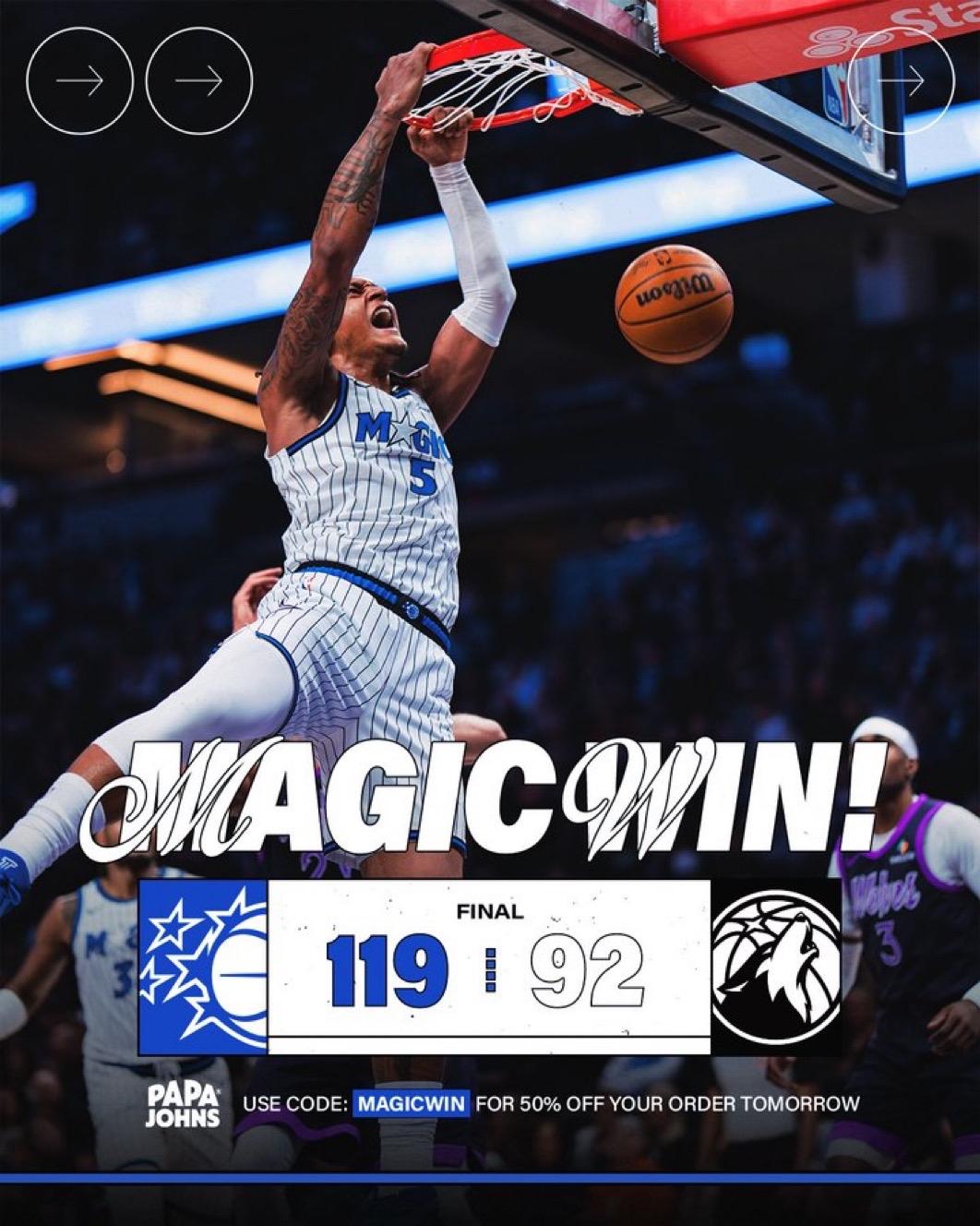 3月8日NBA常规赛战报（6场）：

魔术119-92森林狼
76人-老鹰

篮