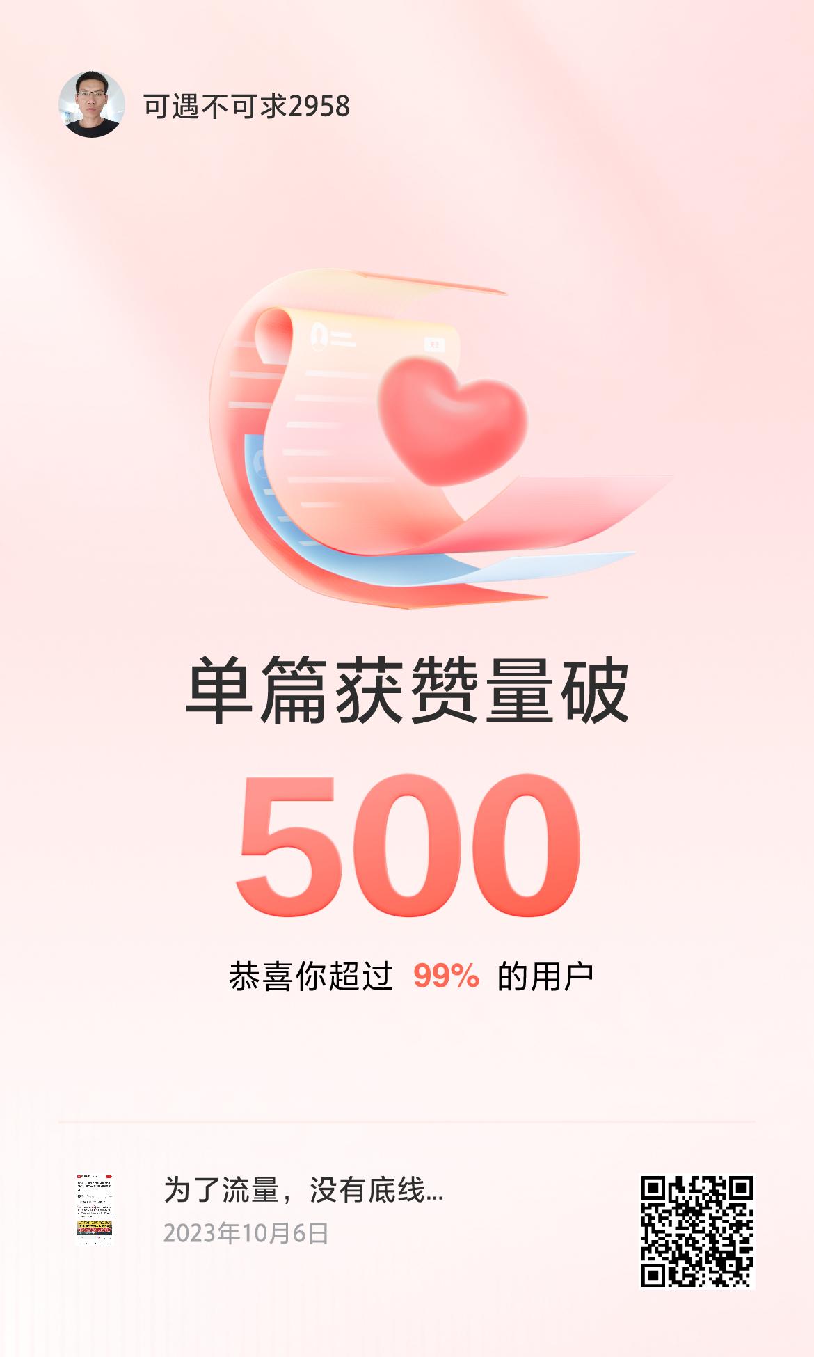 🔥我创作的单篇内容获得超过500赞了！