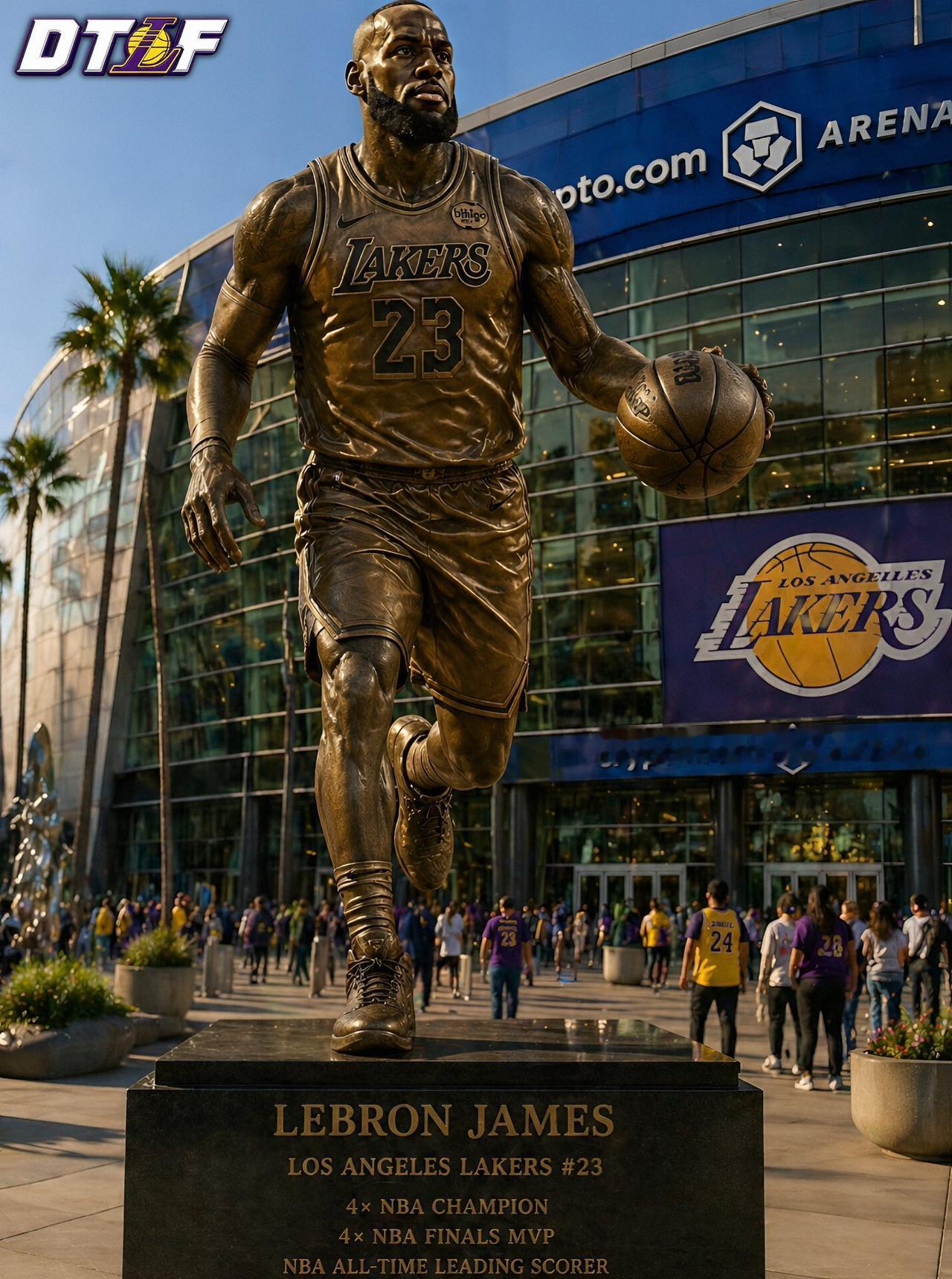 各位湖人球迷们，你们觉得勒布朗需要做些什么才能赢得一座湖人雕像呢？！👀
勒布朗