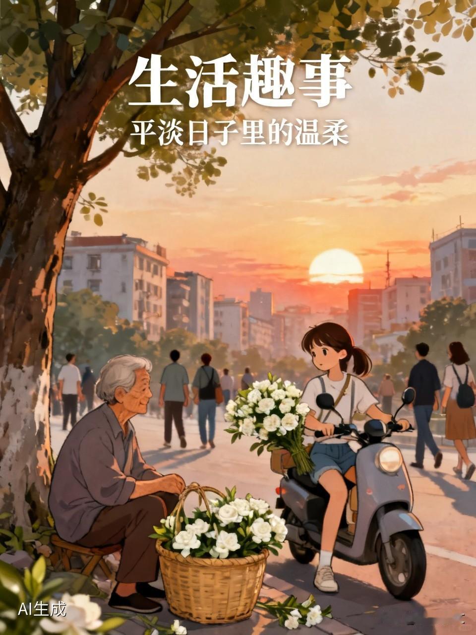 路边卖栀子花的老奶奶腿脚不太方便，蹲在树荫下守着一小筐花，路过的小姑娘停下电动车