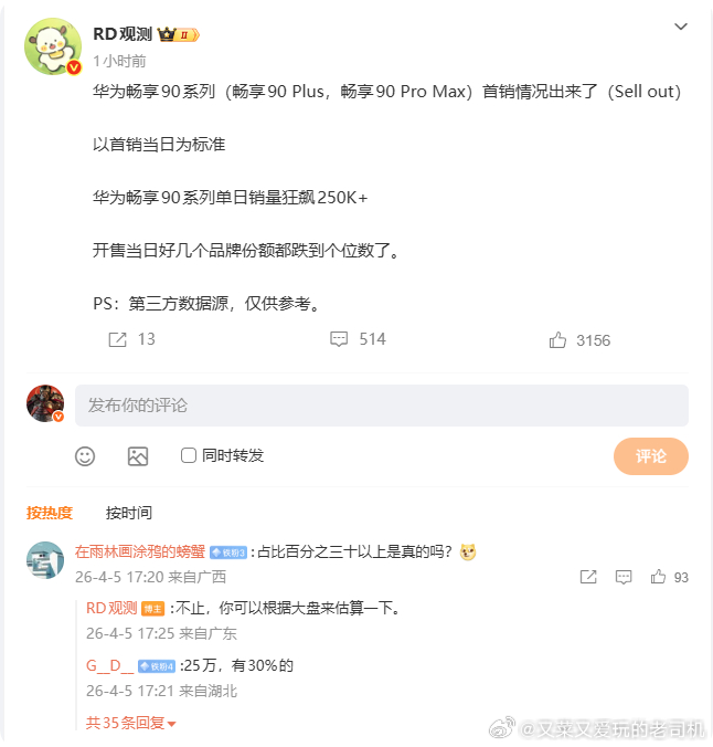 RD观察确认华为畅享90系列确定首销日销量核弹极爆炸：250K+！而整个市场大盘