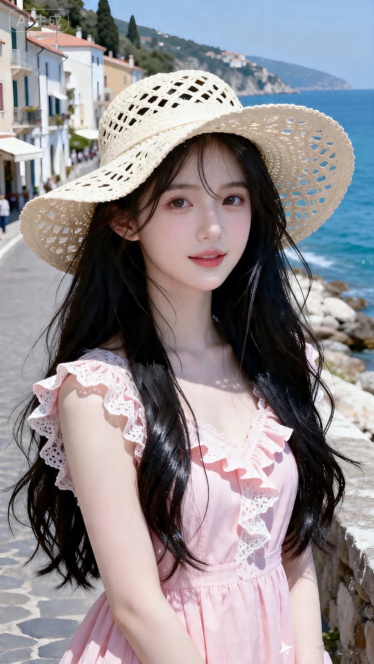 绝色女生身着水粉色蕾丝荷叶边连衣裙，头戴米色镂空宽檐草帽，黑长发蓬松垂坠，几缕拂