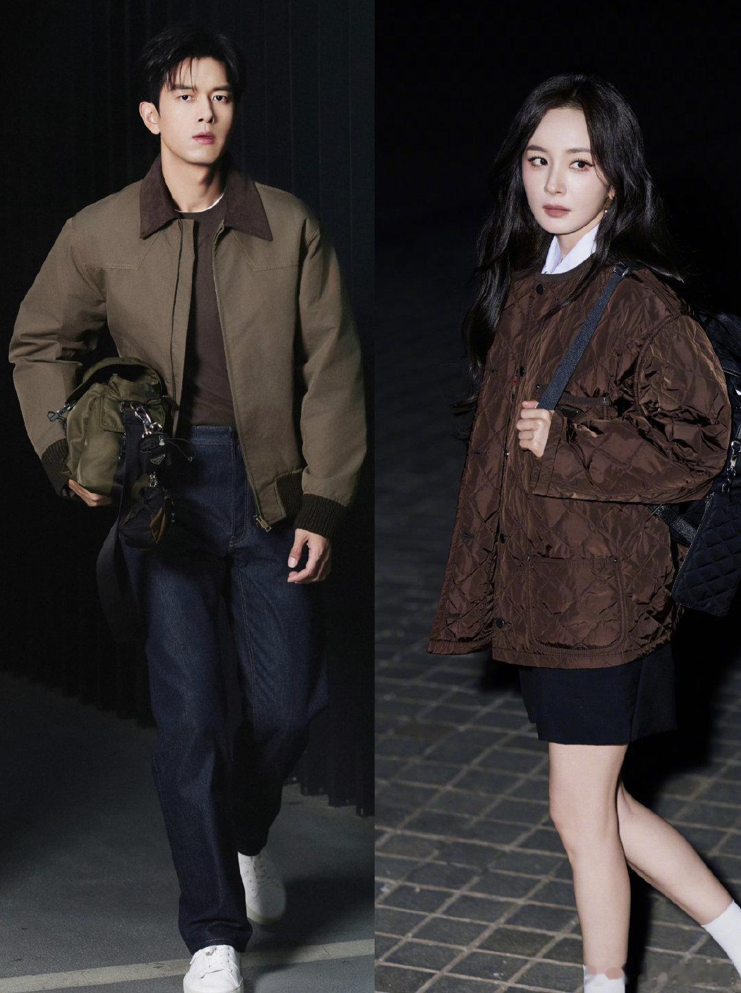 双人出发造型释出，美拉德秋日穿搭氛围感十足杨幂李现Prada看秀出发图 ​​​