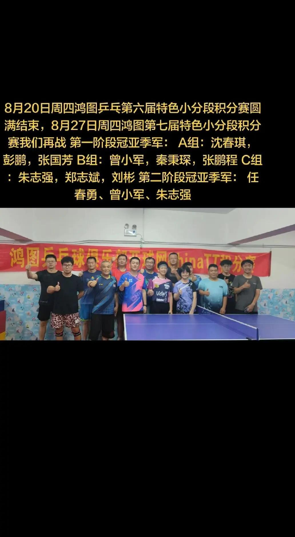 8月20日周四鸿图乒乓第六届特色小分段积分赛圆满结束，8月27日周四鸿图第七届特