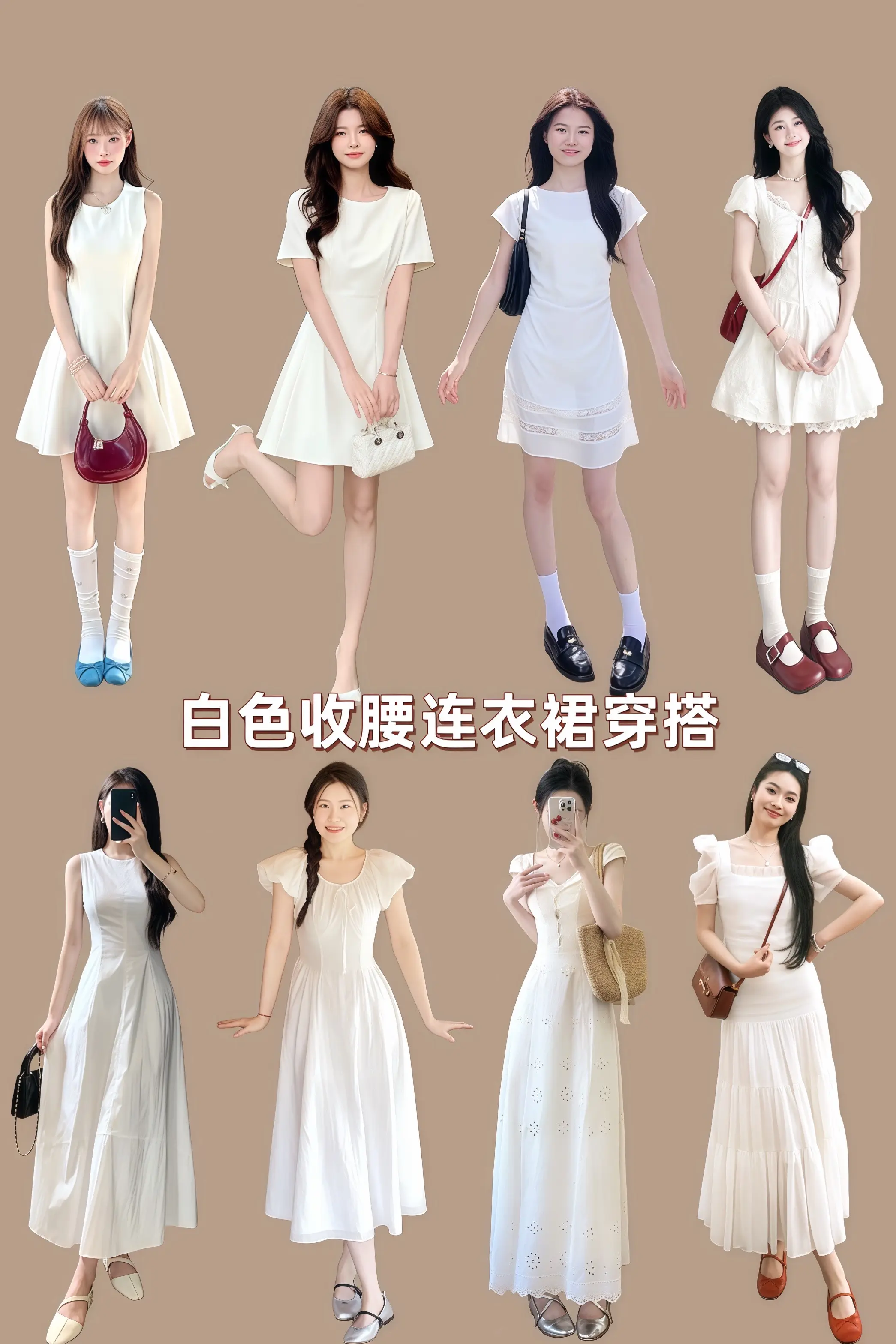 微胖女孩焊死白色方领收腰连衣裙 白色系初恋裙出游穿搭