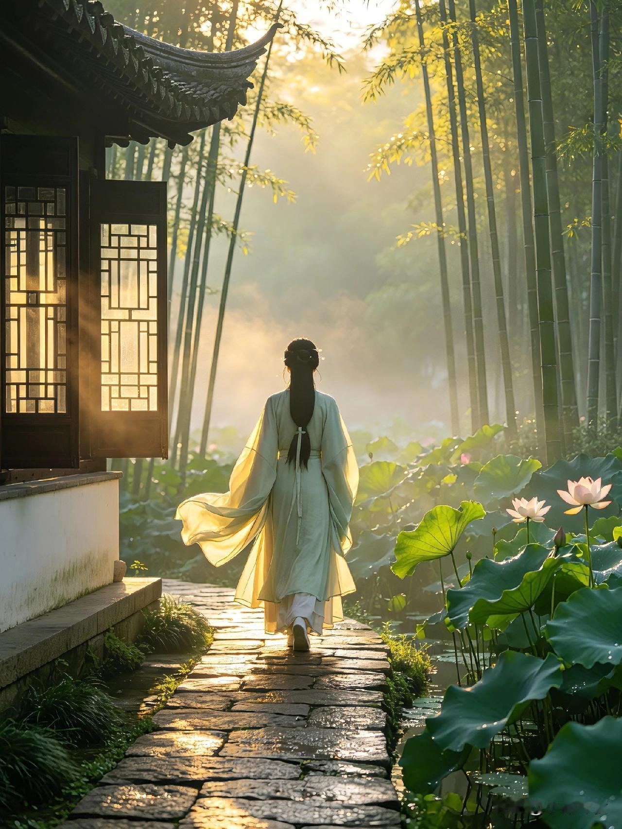 《晨起临窗》
晓色初开卷，云光欲染衣。
推窗风漱耳，循径露沾扉。
竹影千竿立，荷