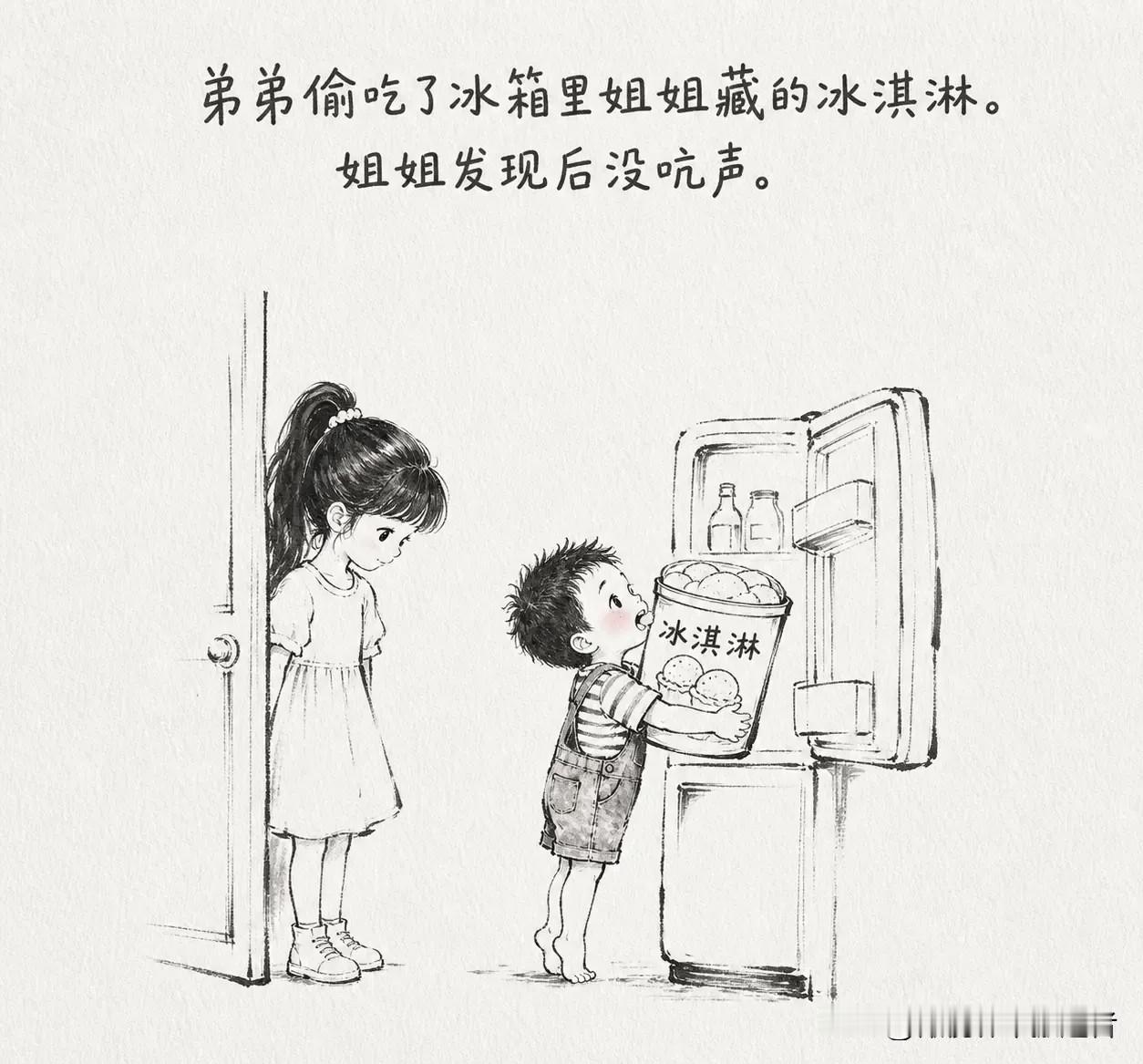 趣味漫画：弟弟偷吃了冰箱里姐姐藏的冰淇淋。姐姐发现后没吭声。晚饭时，妈妈问：“谁