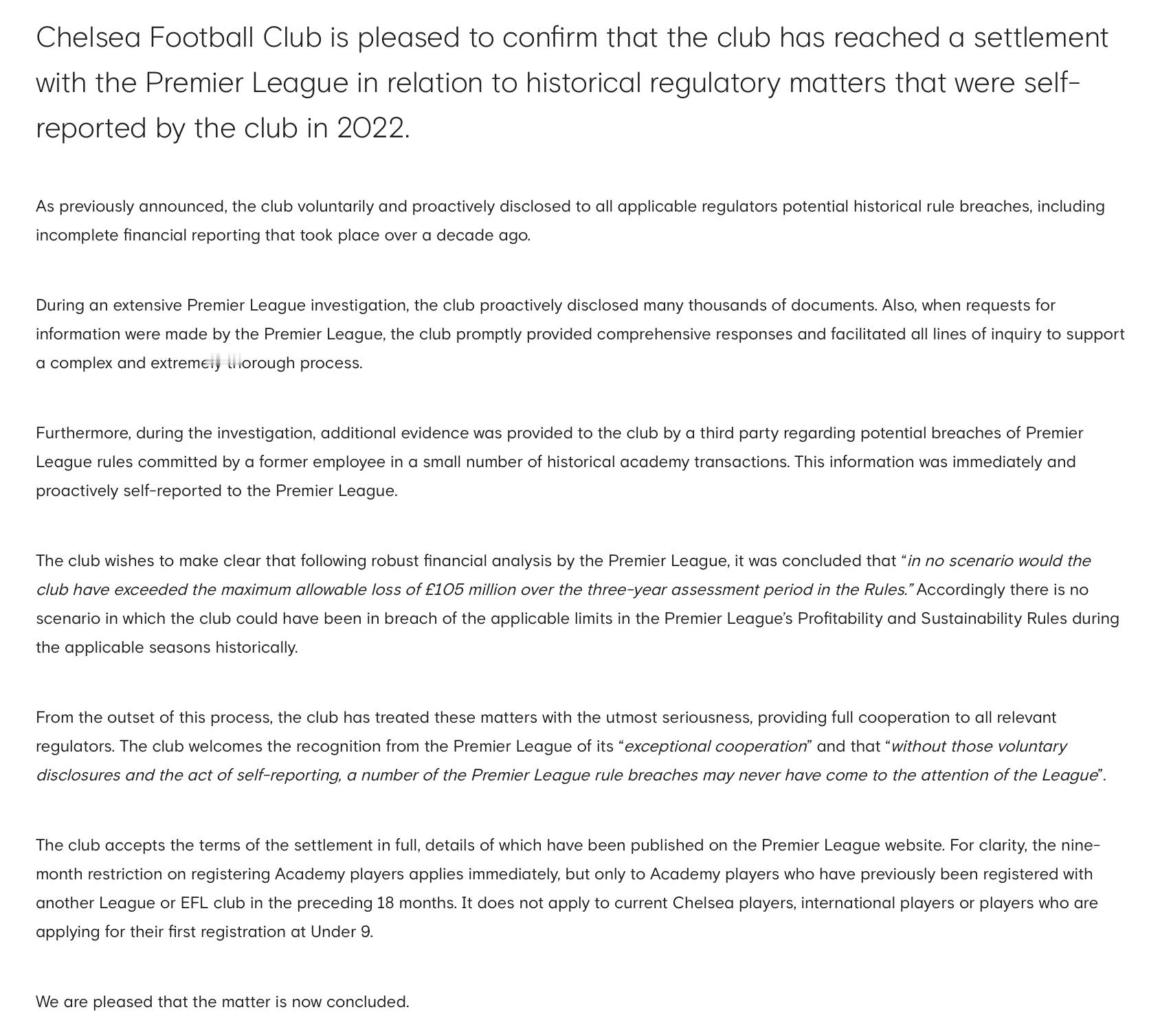 官网：切尔西足球俱乐部很高兴地宣布，俱乐部已与英超联赛就其在 2022 年自行上