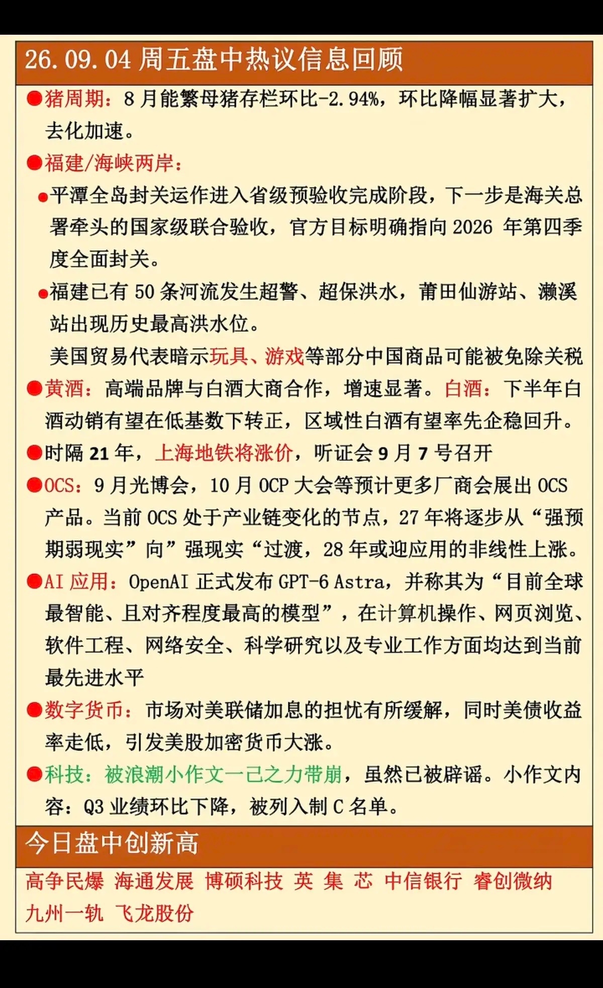 9.04周五  晚间：财经热点信息整理！1.猪周期2.黄酒，白酒3.数字货币4.