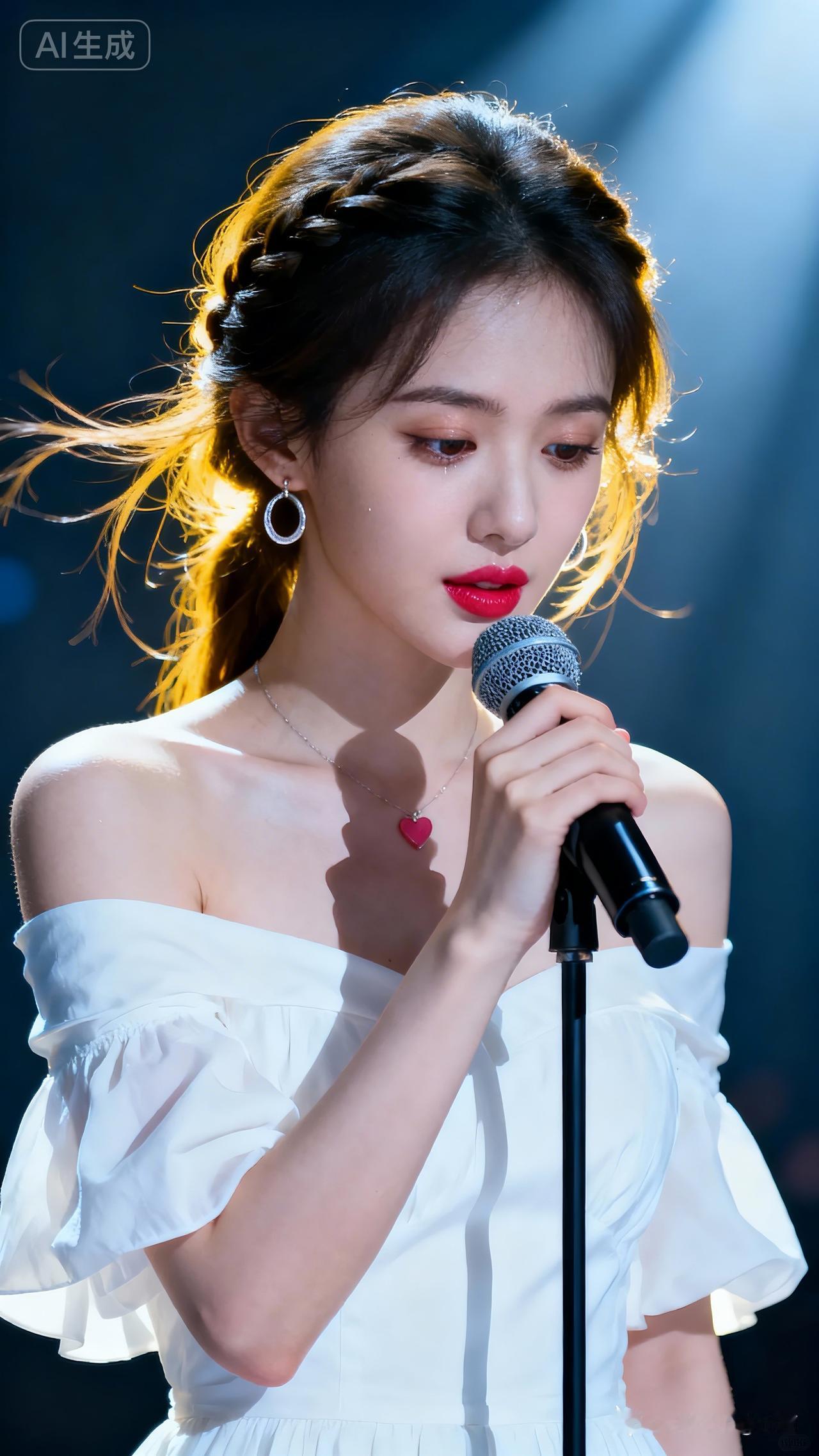 真人写真，美女高颅顶半扎编发随风吹动，几缕碎发轻垂。小巧脸庞上光感透亮，桃花眼深