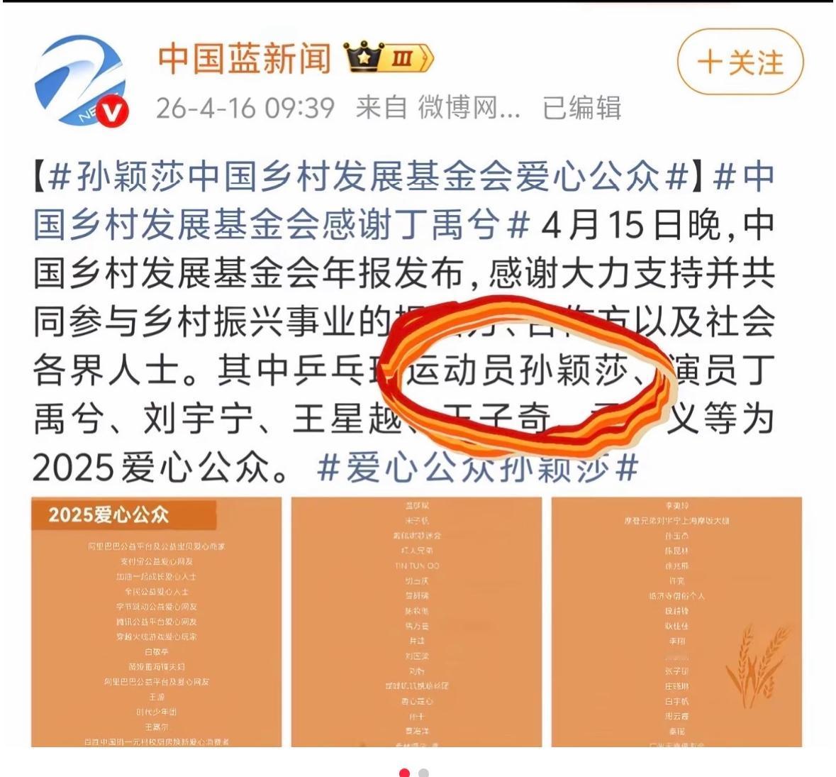 中国蓝新闻：孙颖莎中国乡村发展基金会爱心公众感谢信里面有孙颖莎！
孙颖莎辛苦打球