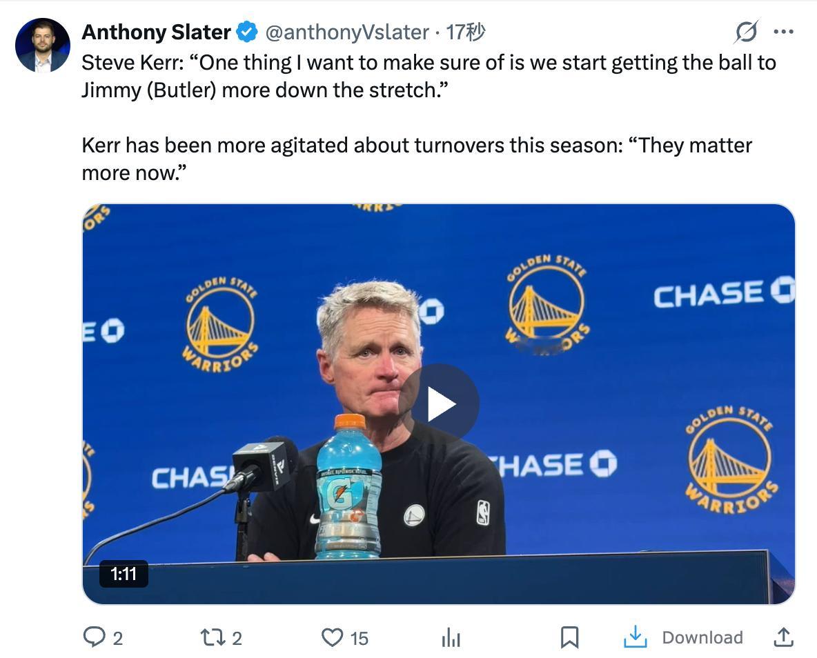 史蒂夫·科尔：“我想确保的一点是，我们在比赛的关键时刻能更多地把球交到吉米（巴特