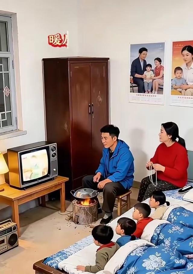 一眼假，这图说是七十年代东北全家福，全是破绽。

灶台边立着个锃亮的不锈钢电水壶