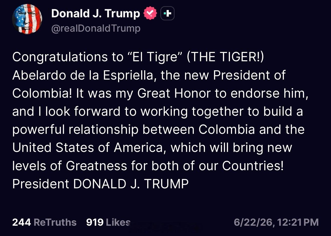 川普在Truth Social 上祝贺哥伦比亚总统选举结果。Abelardo d