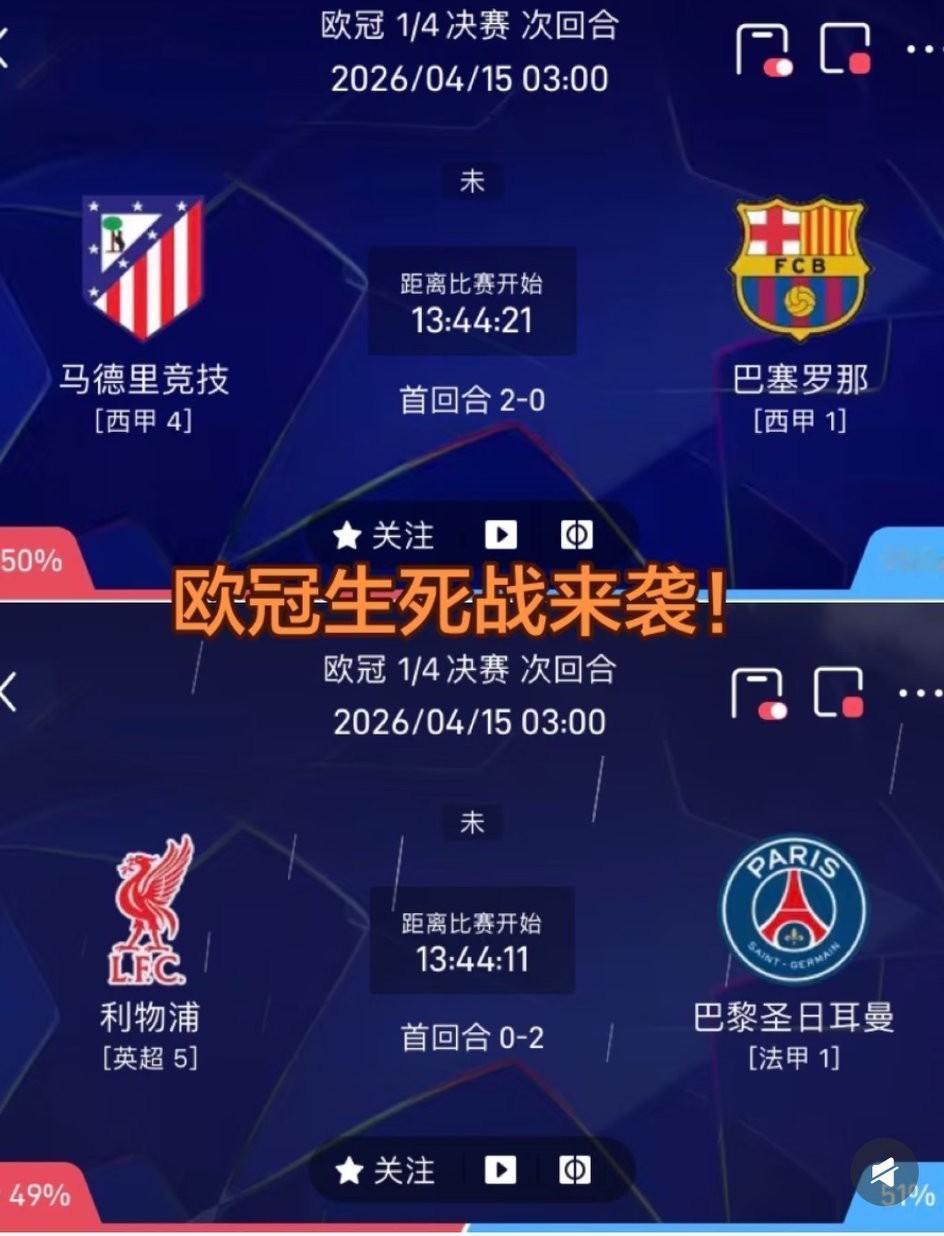 明天凌晨的这两场欧冠生死战，大家看好利物浦和巴萨逆转吗？
综合网上球迷的众多观点