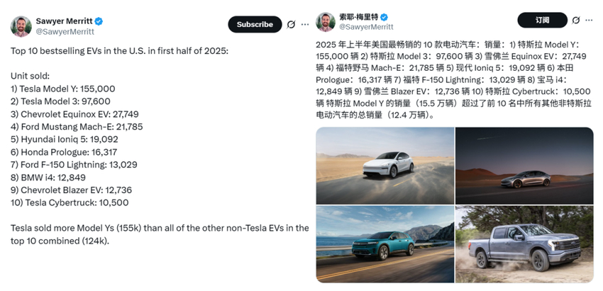 一车销量“敌全榜” ！Model Y/3包揽上半年美国电动车销量冠亚军，比其他在