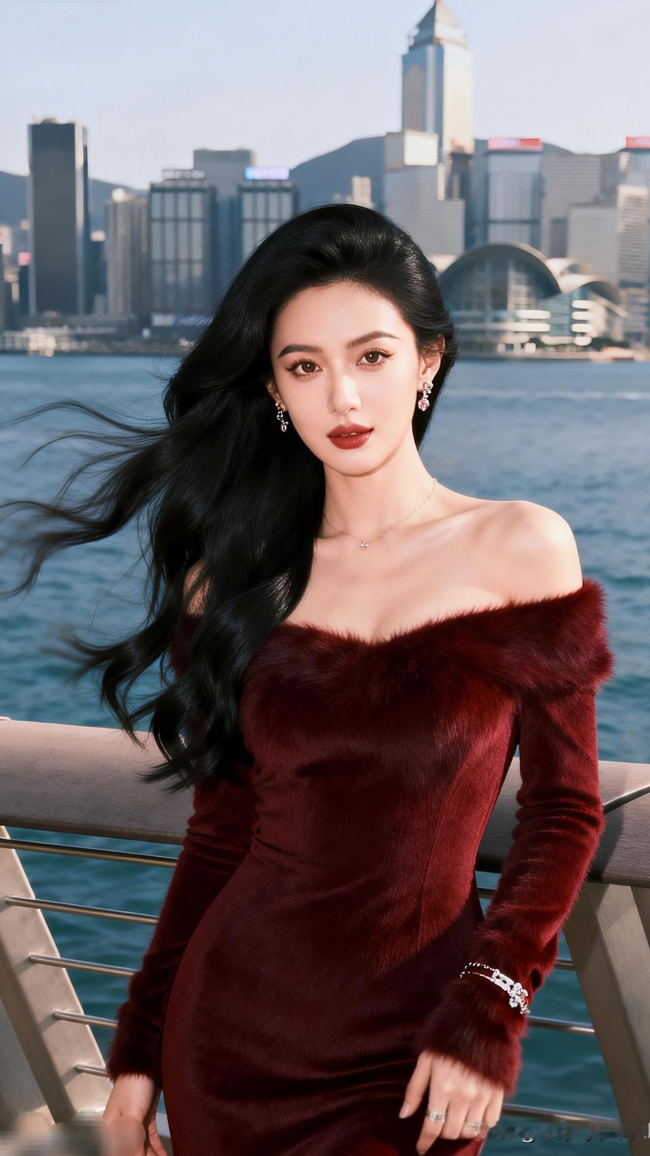 红衣美人倚栏，海天一色映芳容。身边之美随手拍 都市红毯风，惊艳红裙与黑发相映成辉