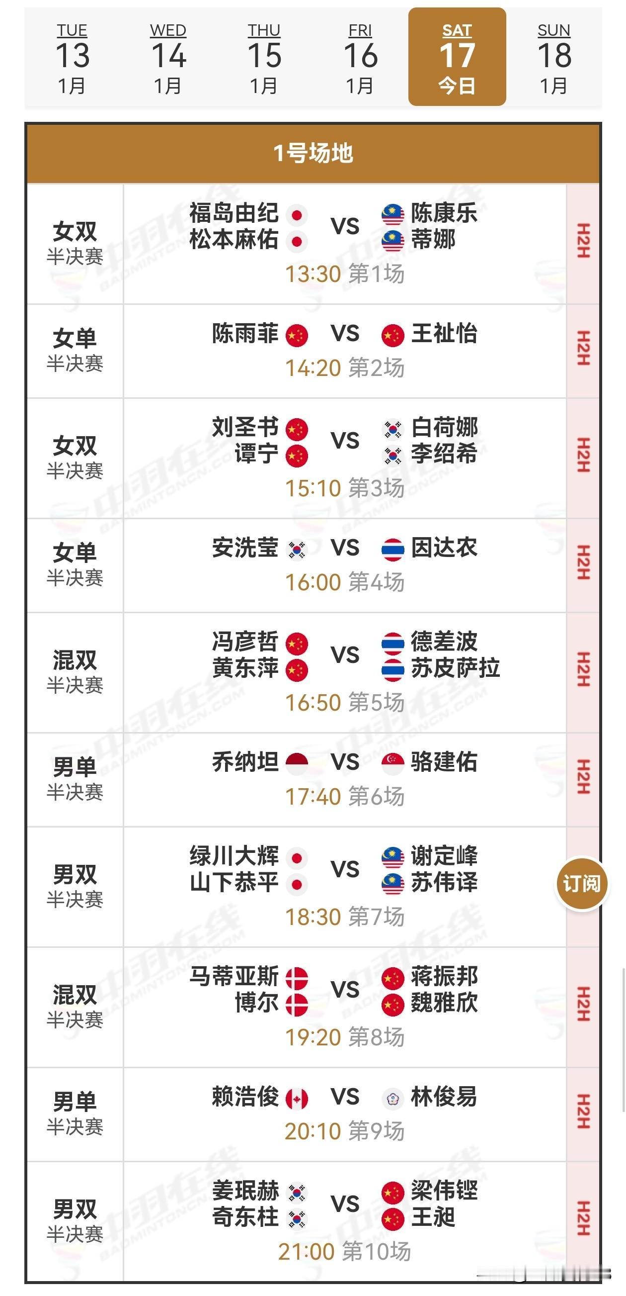 17日赛程2026年印度羽毛球公开赛 
   17日北京时间13:30，2026