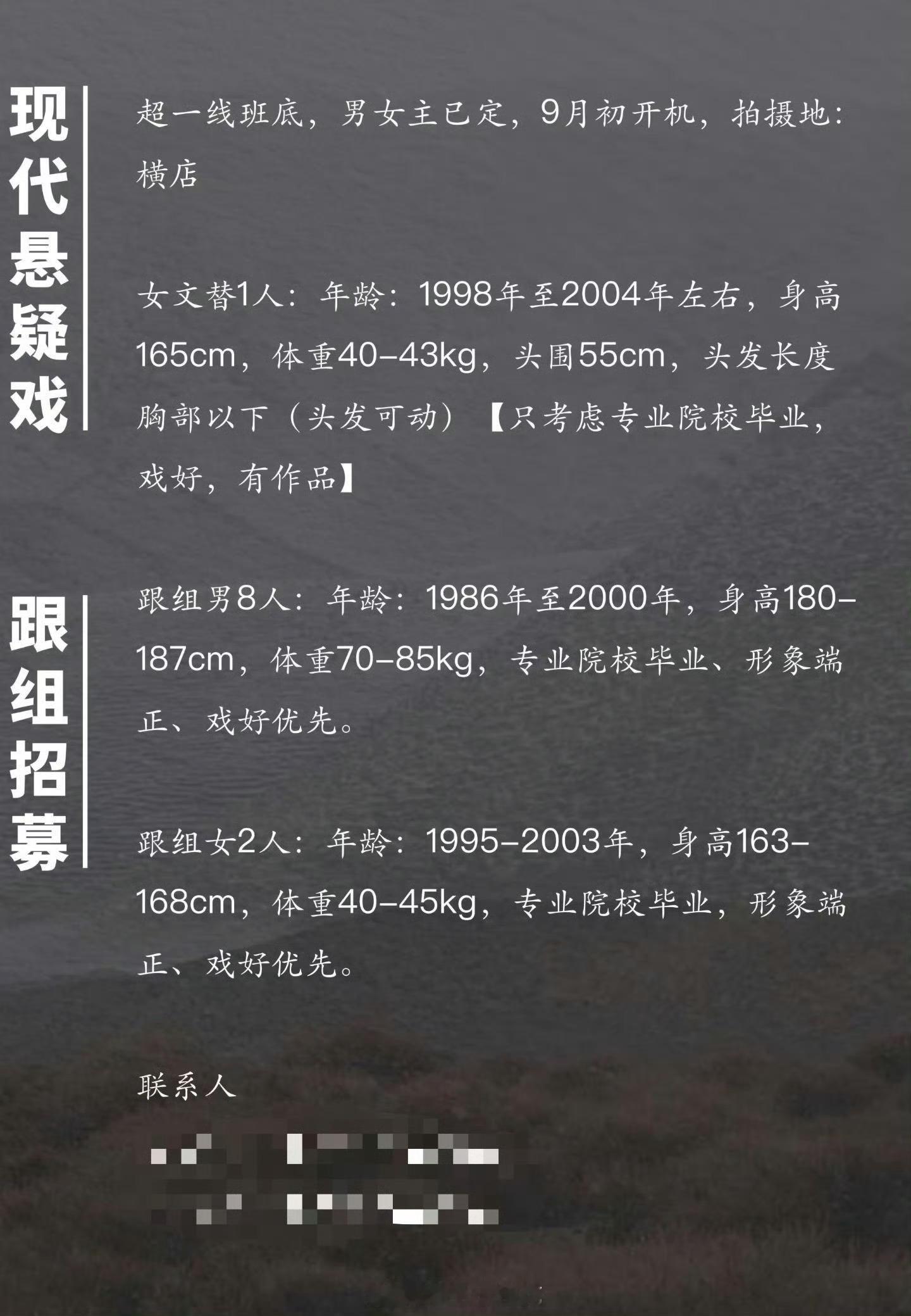 现代悬疑戏 组讯超一线班底男女主已定开机时间：9月初拍摄地：横店 