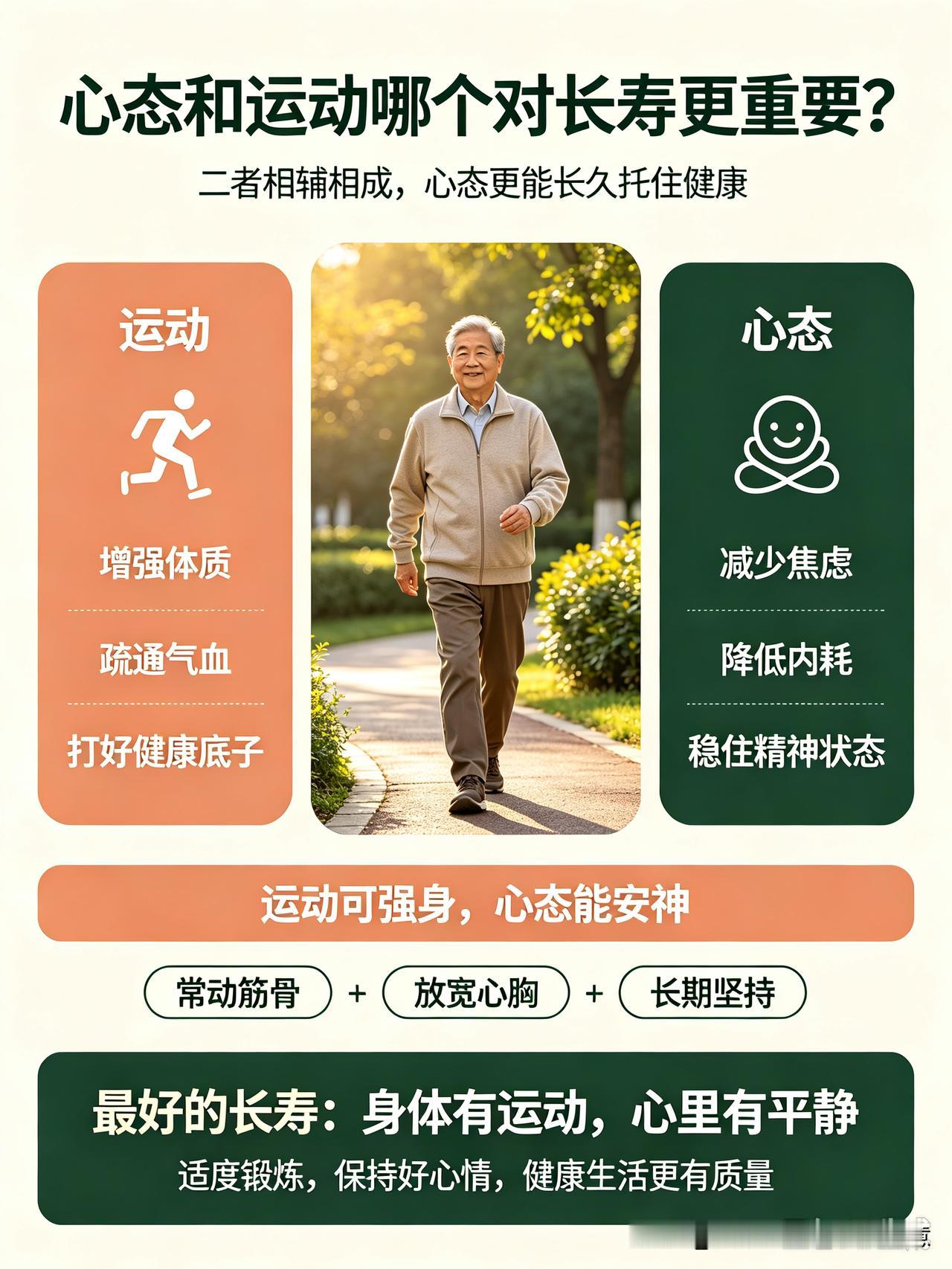心态和运动，二者相辅相成，缺一不可。
运动是身体的基石，坚持适度锻炼，能增强体质