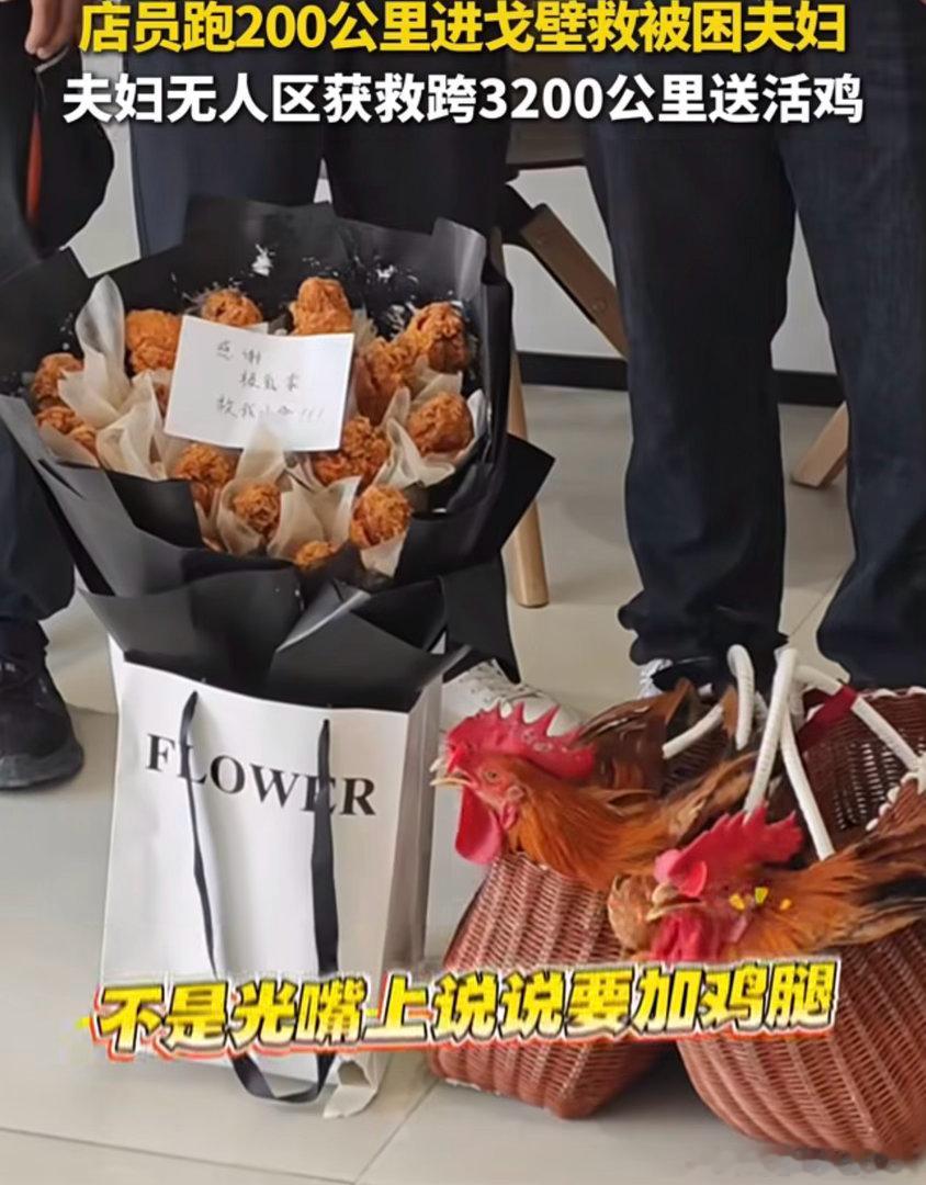 夫妇无人区获救跨3200公里送活鸡 夫妇途经腾格里沙漠无人区突遇爆胎，救援人员不