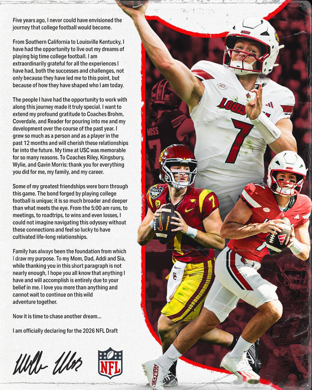 前USC四分卫Miller Moss今天在自媒体宣布将参加2026 NFL选秀。