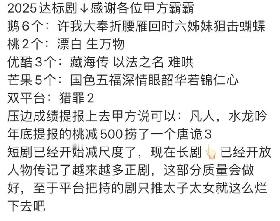 2025年各平台达标剧各个平台都有播出好的剧，都不错。但是今年剧王，不管怎么统计