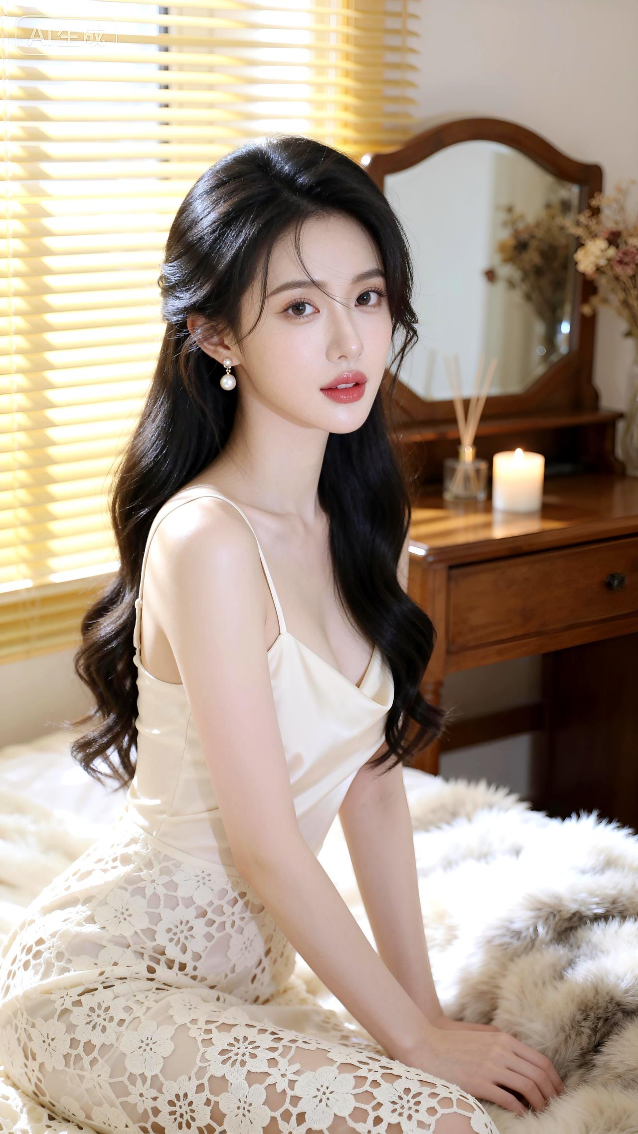 晨光浸透窗棂，如初融的雪，在蕾丝与暖绒间蜷成慵懒的猫。唇边浅笑是未启封的蜜语，发